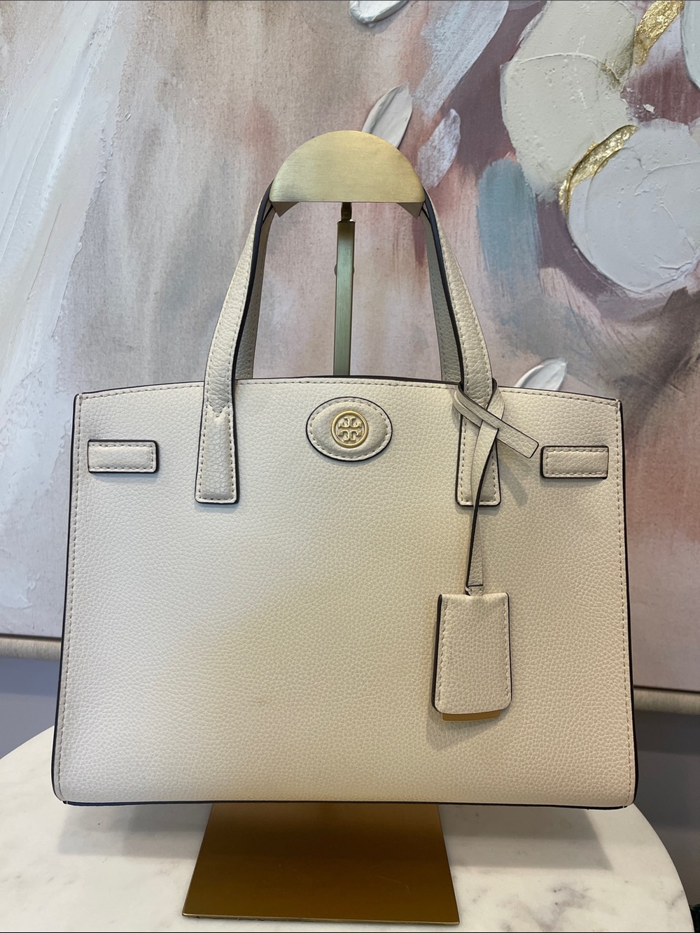 NWOT Tory Burch Pebbled Robinson Cream Leather Tote with Logo Medallion